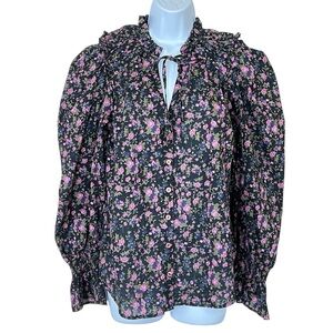 Free People Meant To Be Boho Ruffle Dark Floral Top S New Black Balloon Sleeve